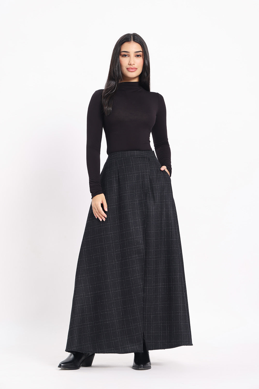 Tweed Front Slit Skirt - Black Windowpane