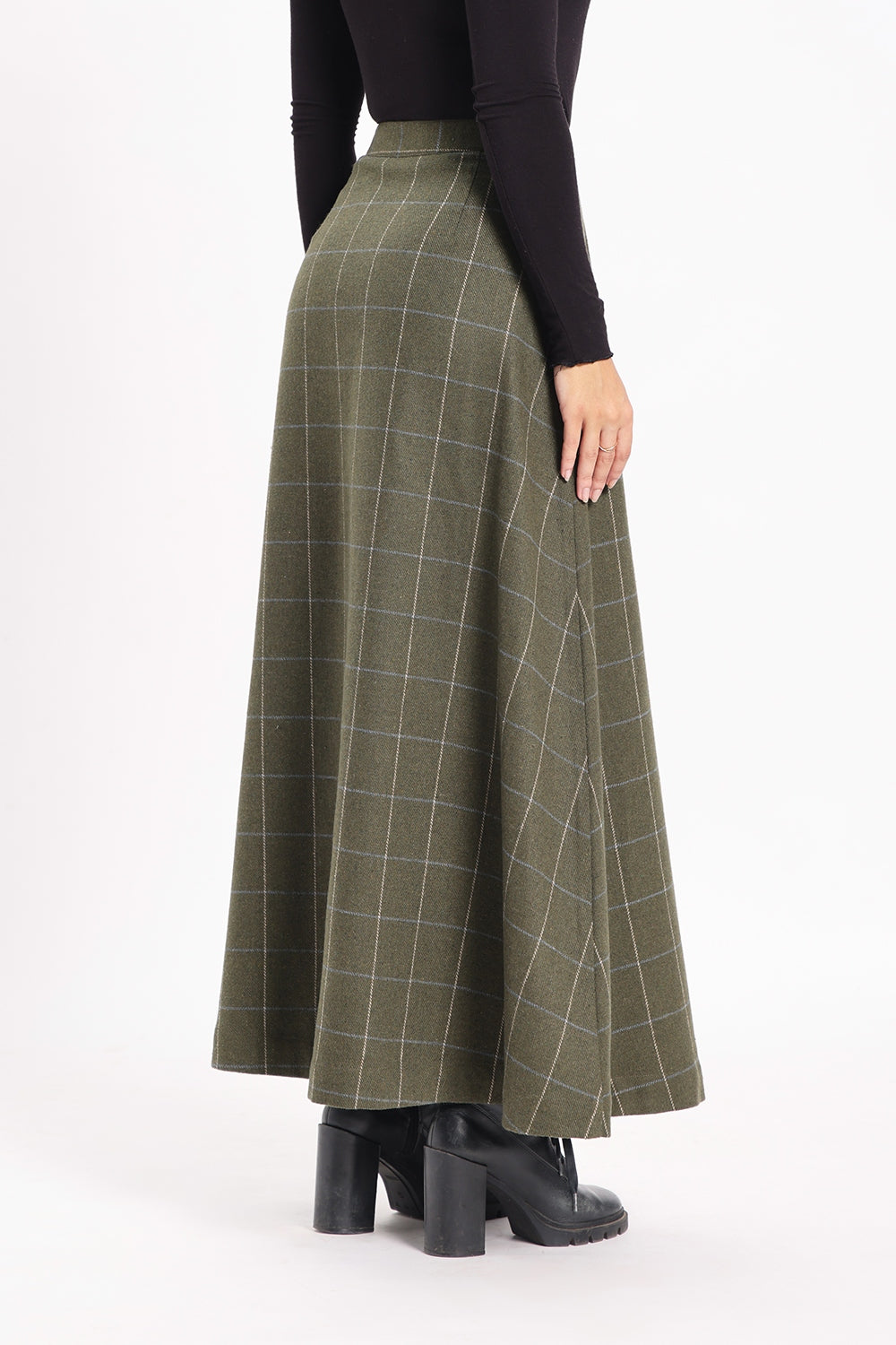 Tweed Front Slit Skirt - Green Check