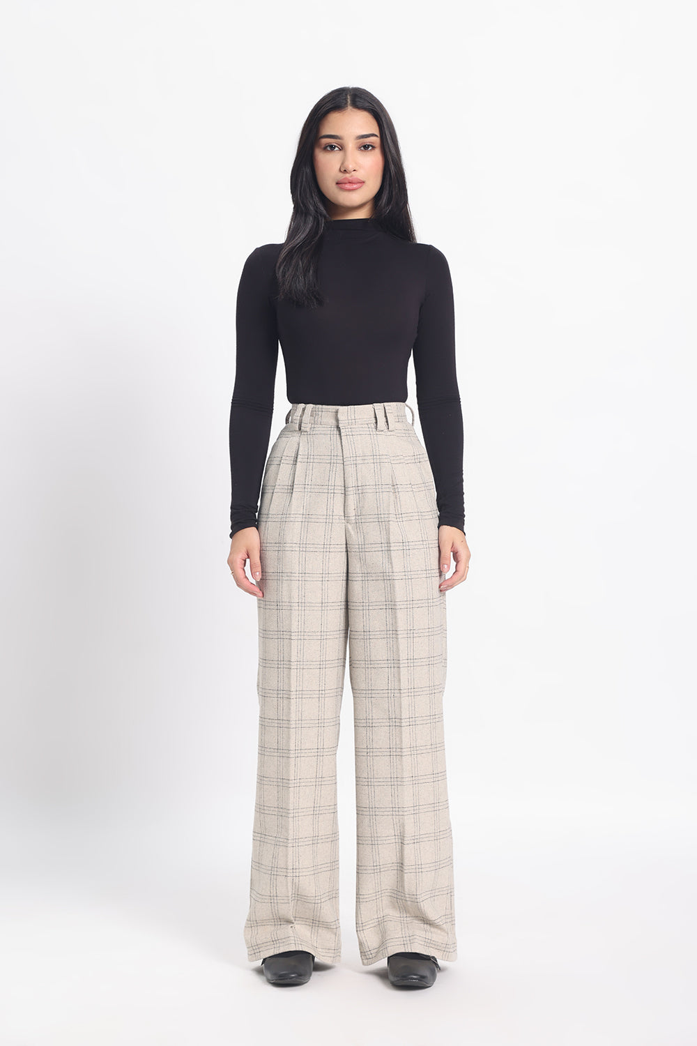 Tweed Pleated Straight Pants - Off White Check