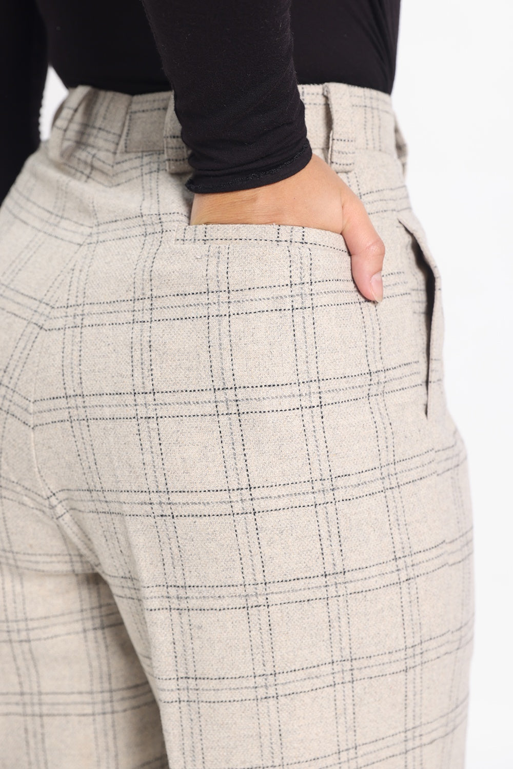 Tweed Pleated Straight Pants - Off White Check