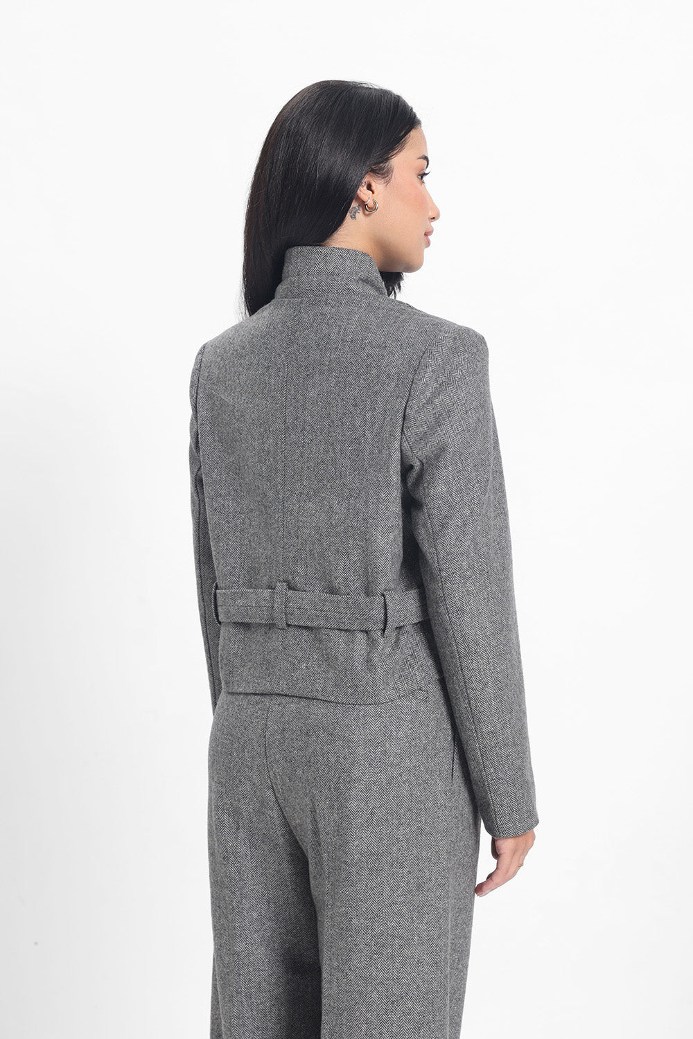 Tweed Short Jacket - Grey Herringbone