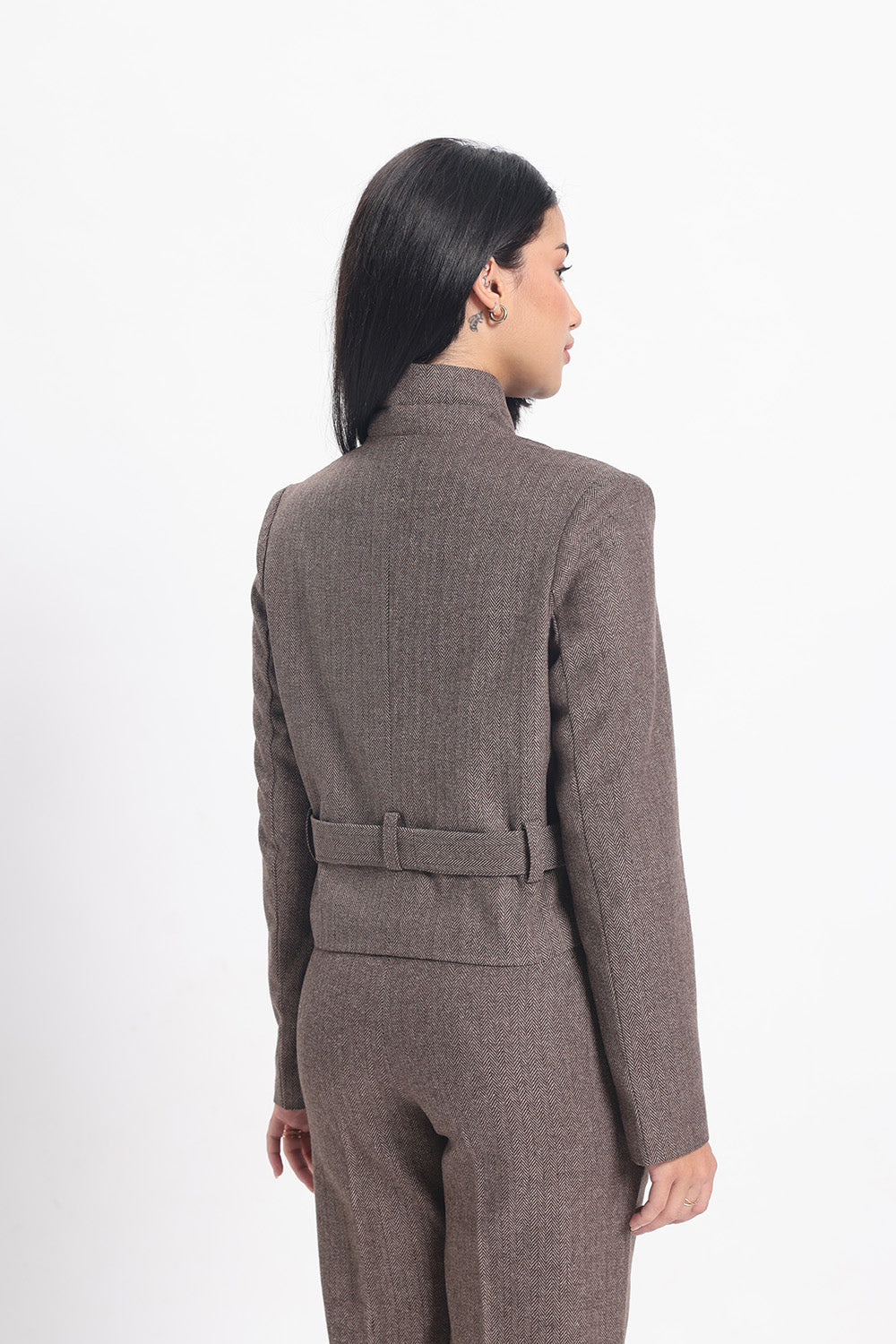Tweed Short Jacket - Beige Herringbone