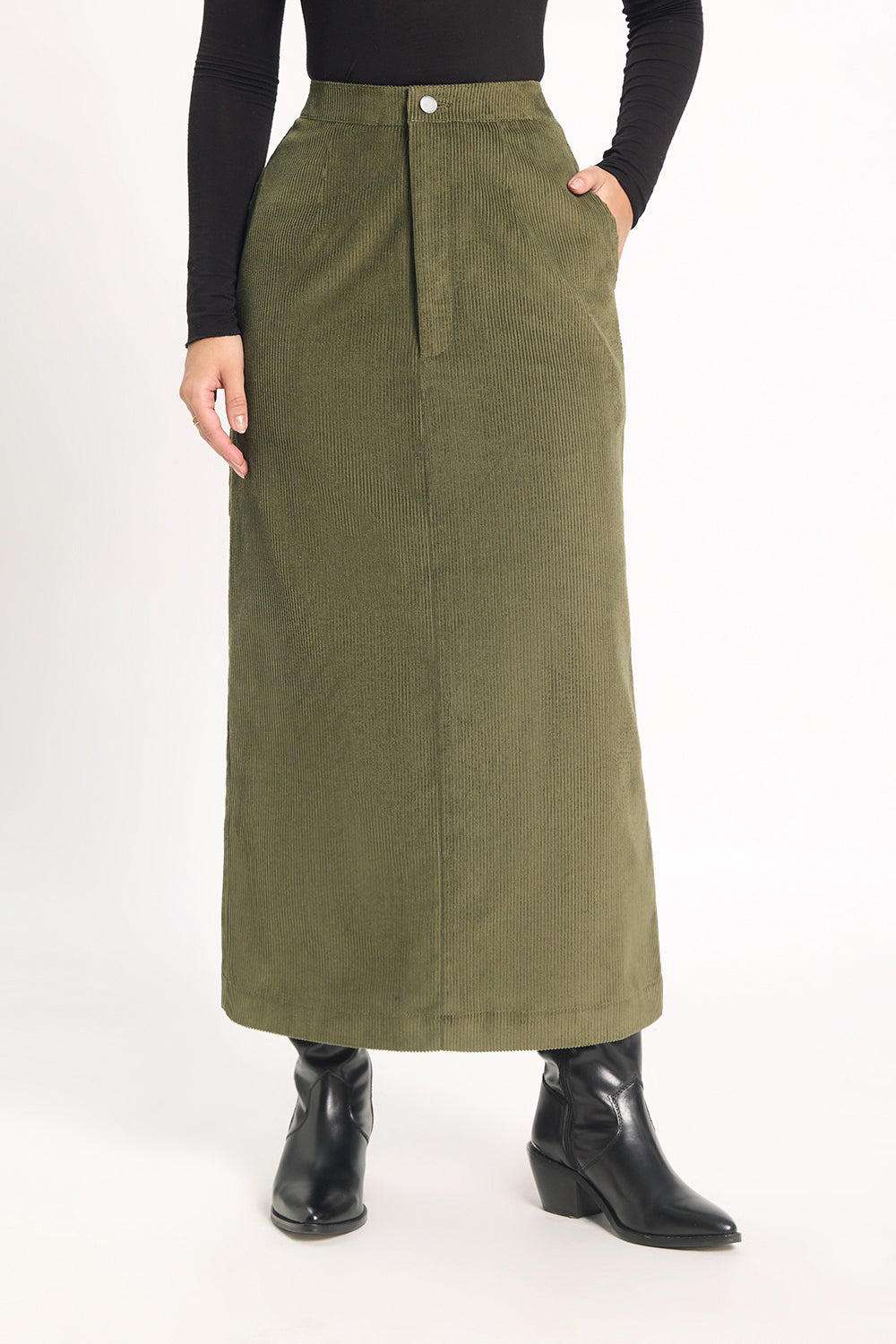 Córd Back-Slit Midi Skirt - Olive