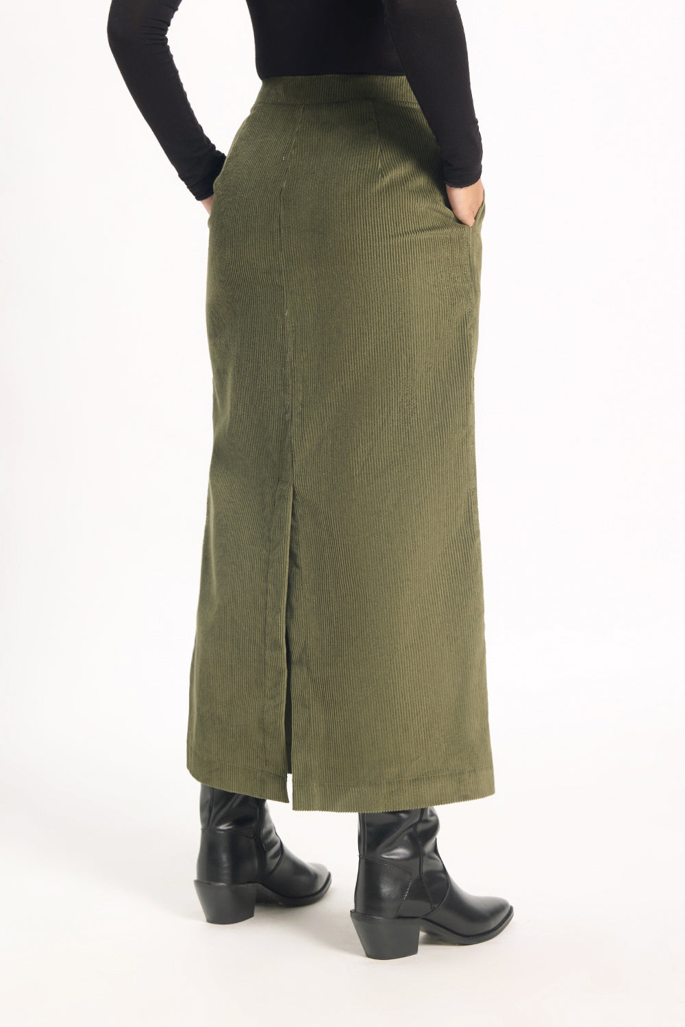 Córd Back-Slit Midi Skirt - Olive