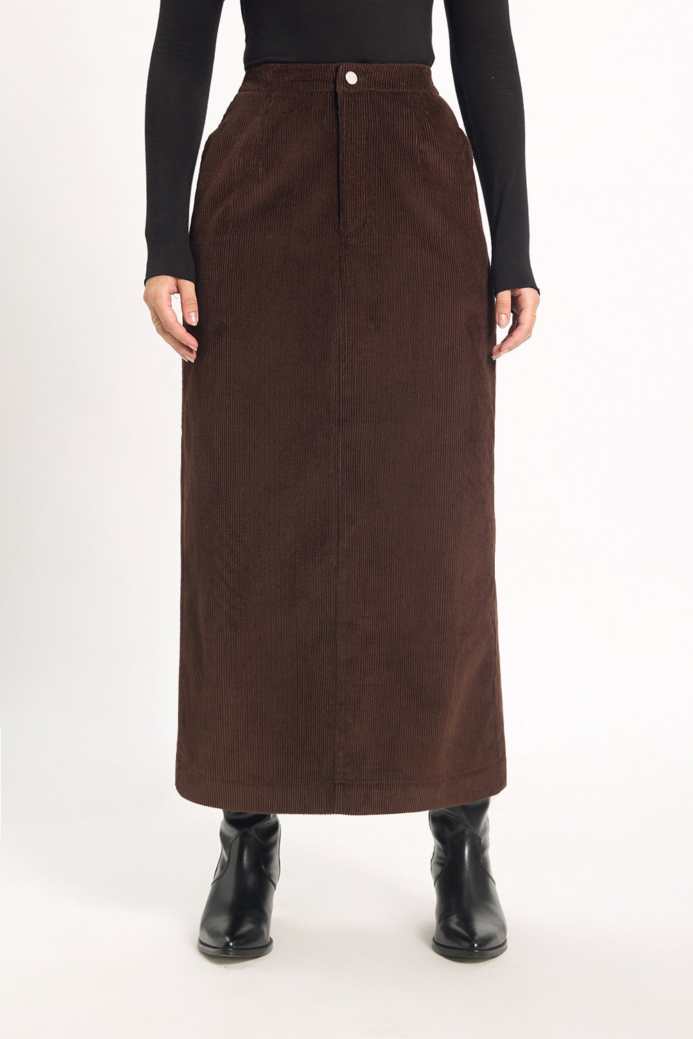Córd Back-Slit Midi Skirt - Brown