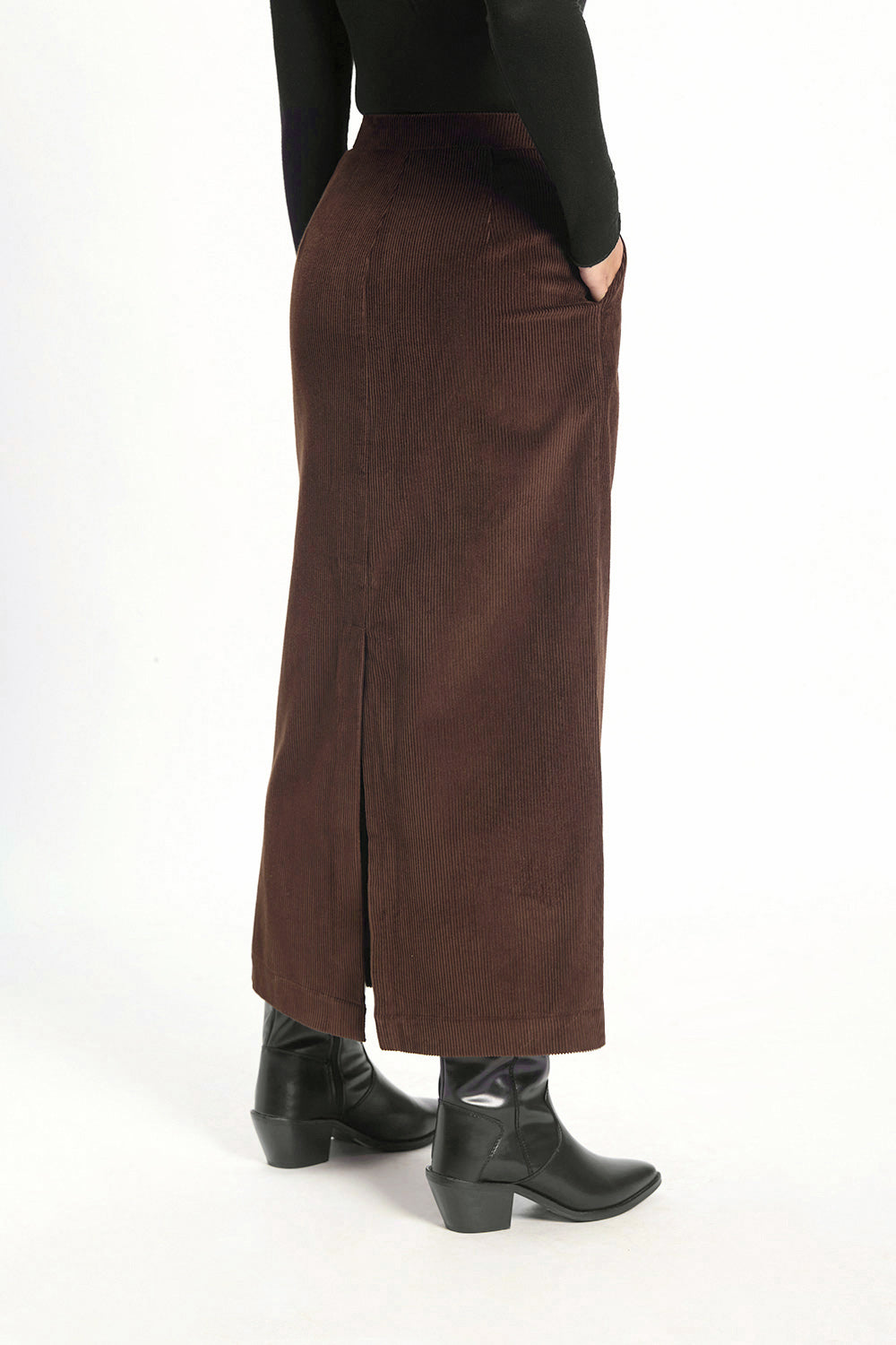 Córd Back-Slit Midi Skirt - Brown