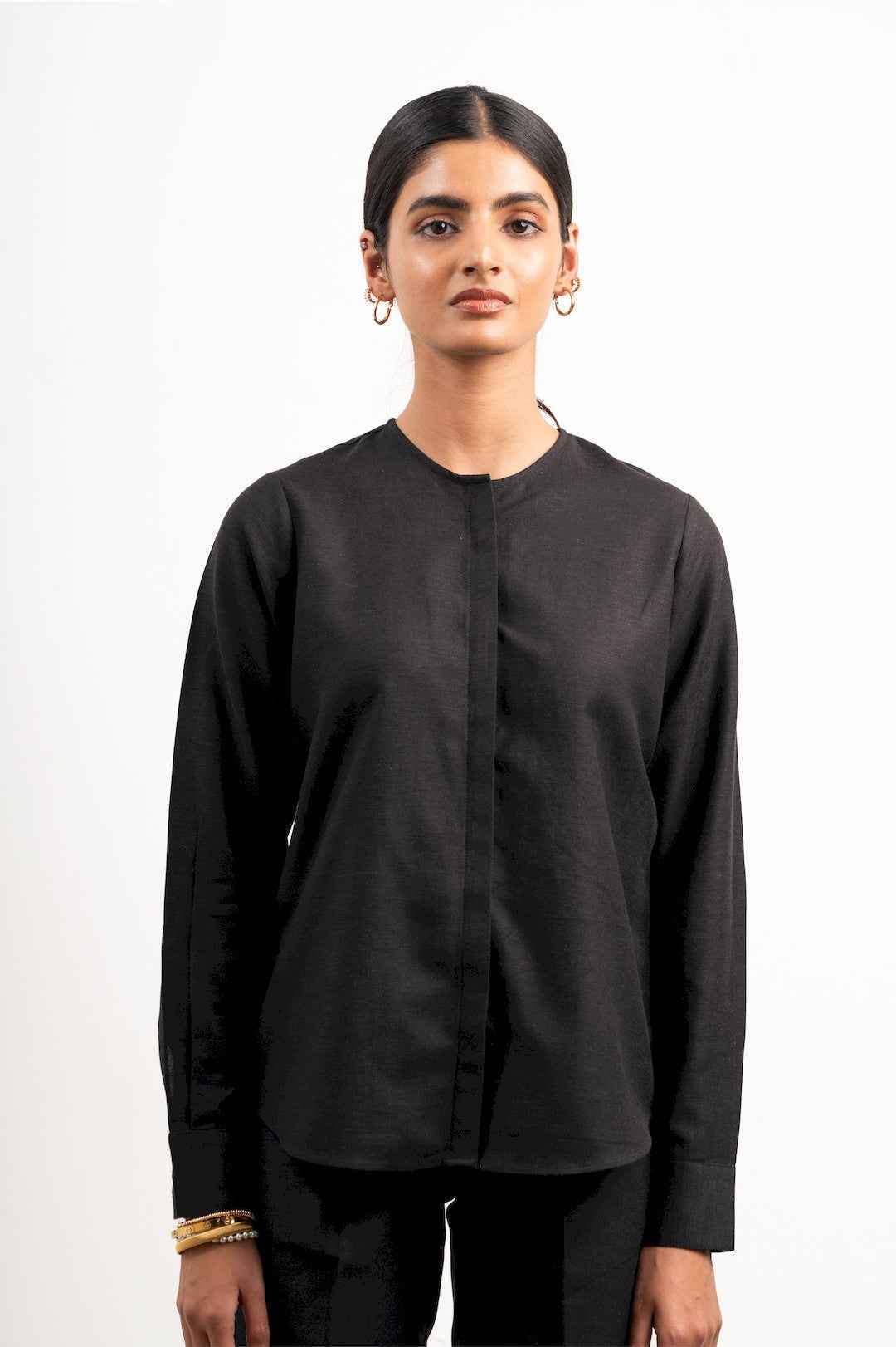 Atten Collarless Shirt Black Atten Collarless Shirt Black