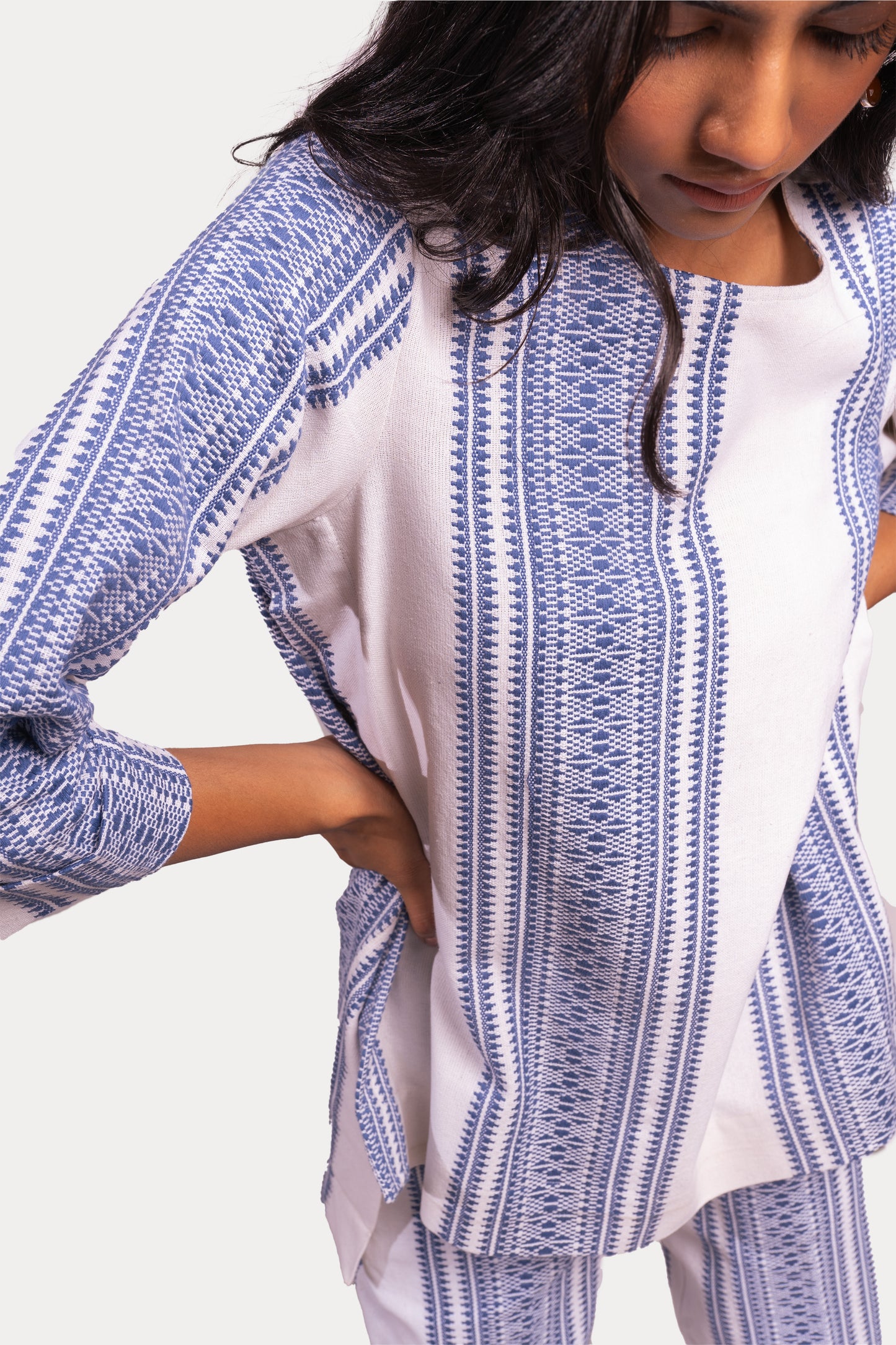 Raven Top | White & Blue Pattern