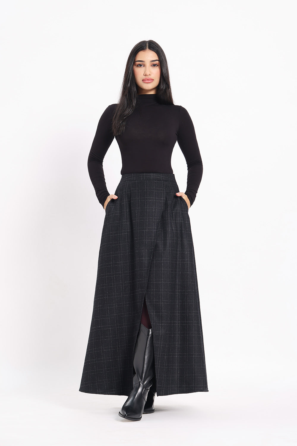 Tweed Front Slit Skirt - Black Windowpane