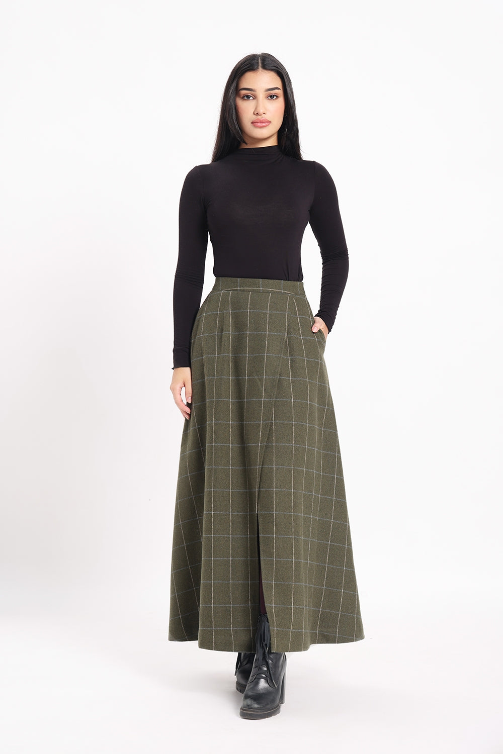 Tweed Front Slit Skirt - Green Check