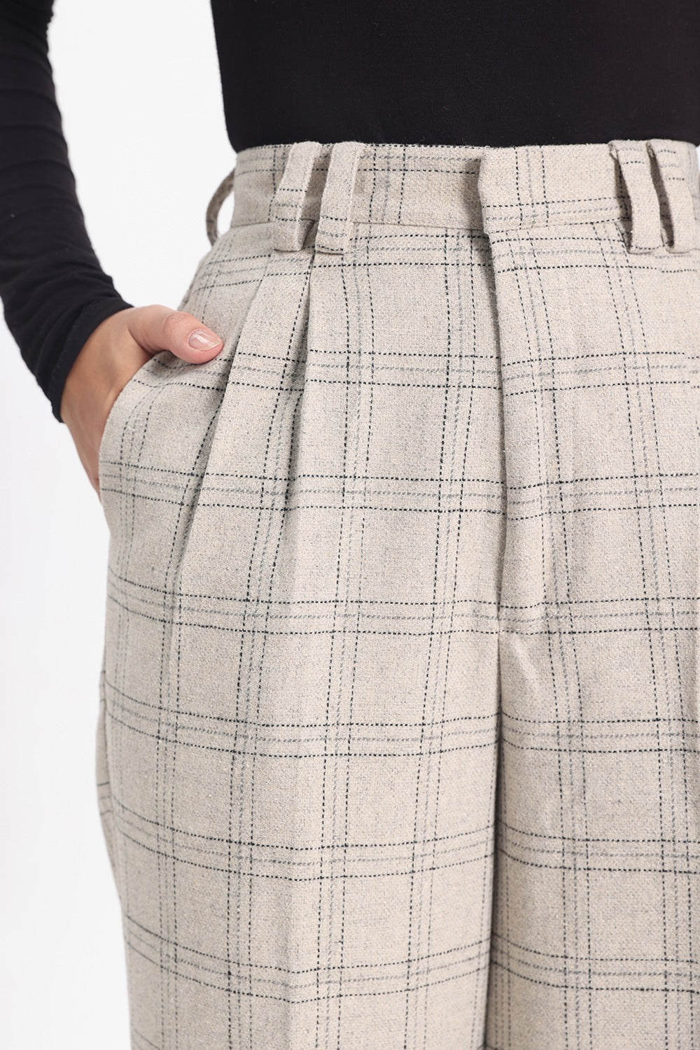 Tweed Pleated Straight Pants - Off White Check