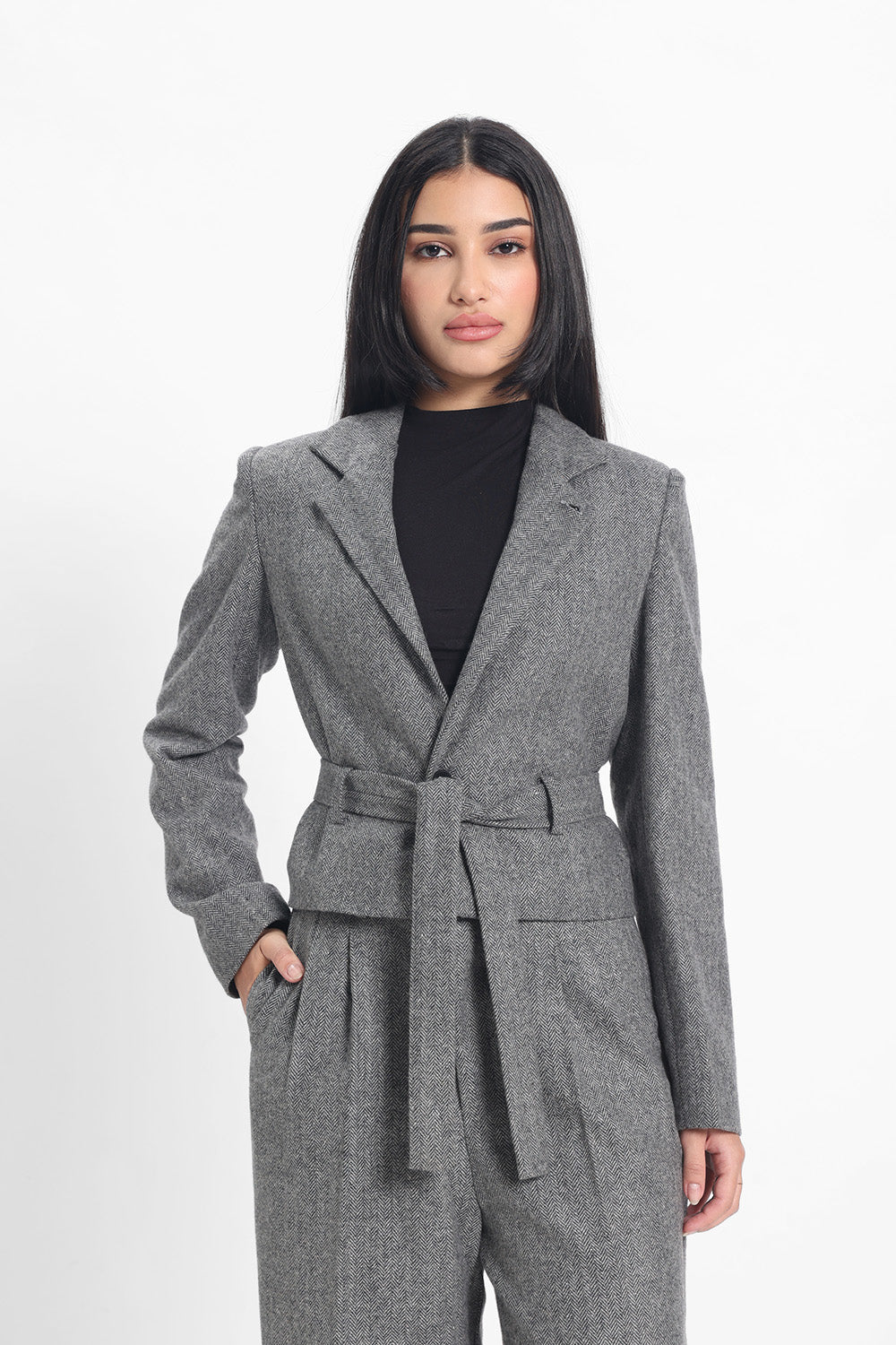 Tweed Short Jacket - Grey Herringbone