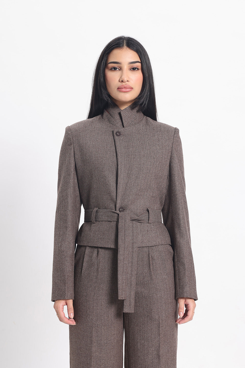 Tweed Short Jacket - Beige Herringbone