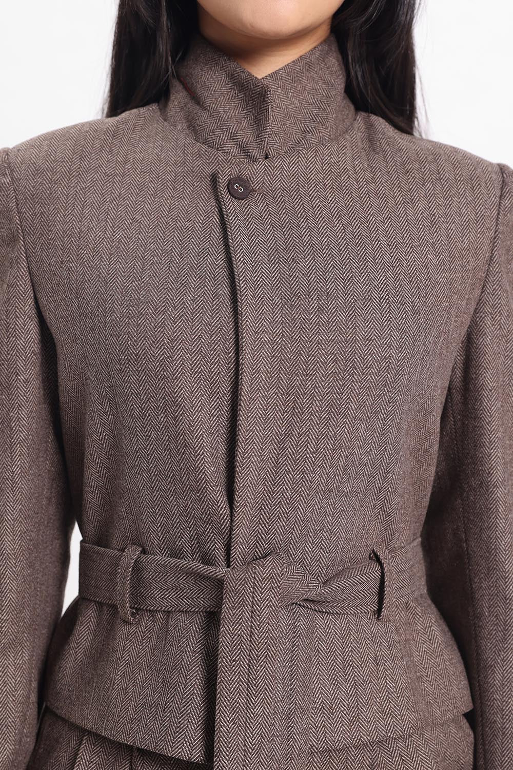 Tweed Short Jacket - Beige Herringbone