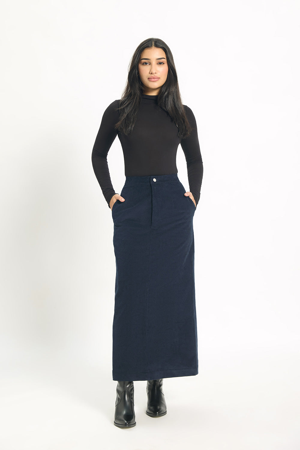 Córd Back-Slit Midi Skirt - Chalk Navy