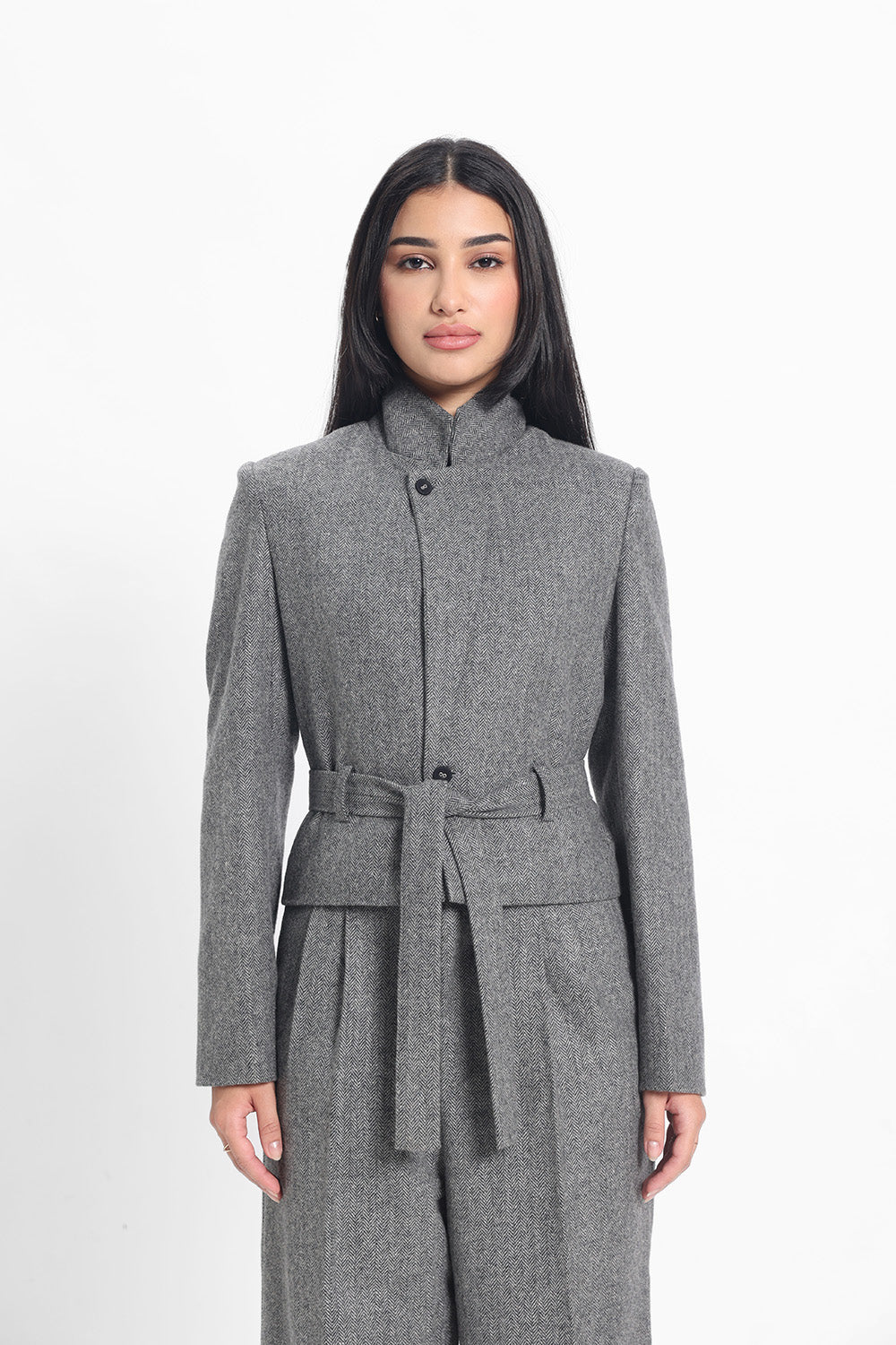 Tweed Short Jacket - Grey Herringbone