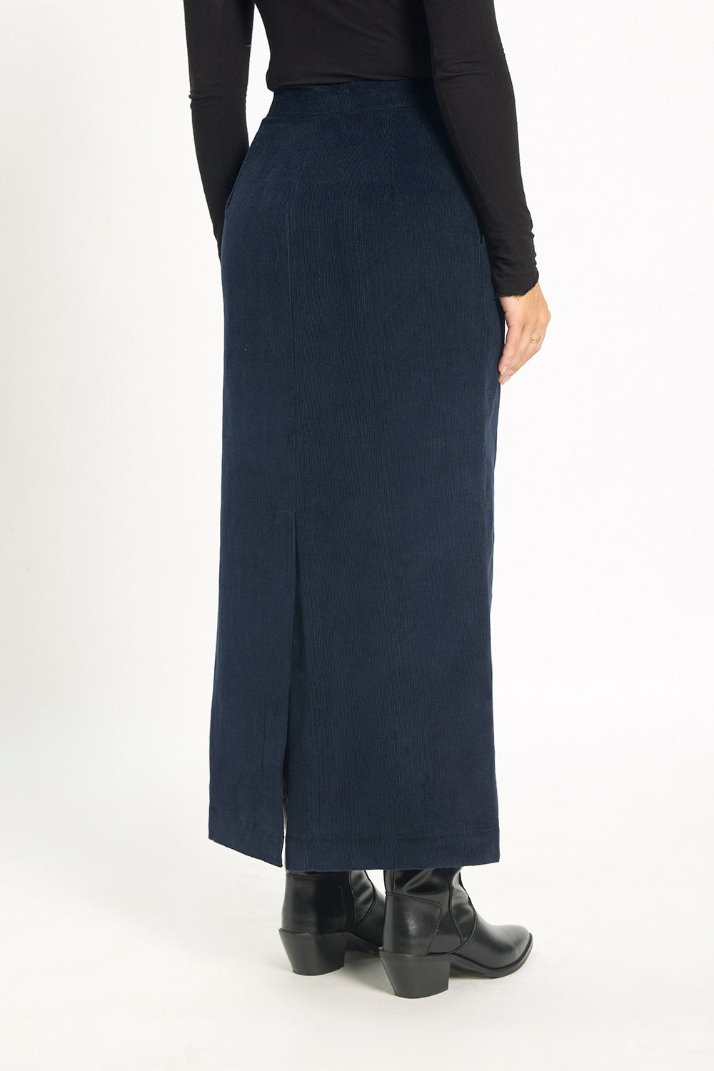 Córd Back-Slit Midi Skirt - Chalk Navy
