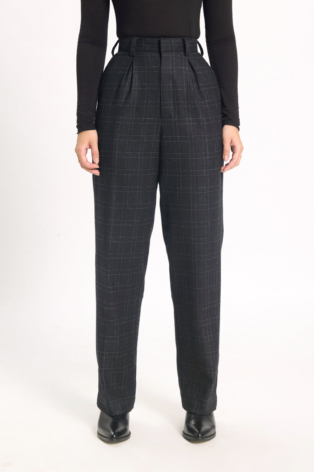 Tweed Pleated Straight Pants - Black Windowpane