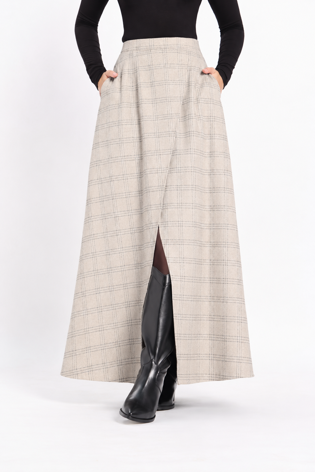 Tweed Front Slit Skirt - Off White Check