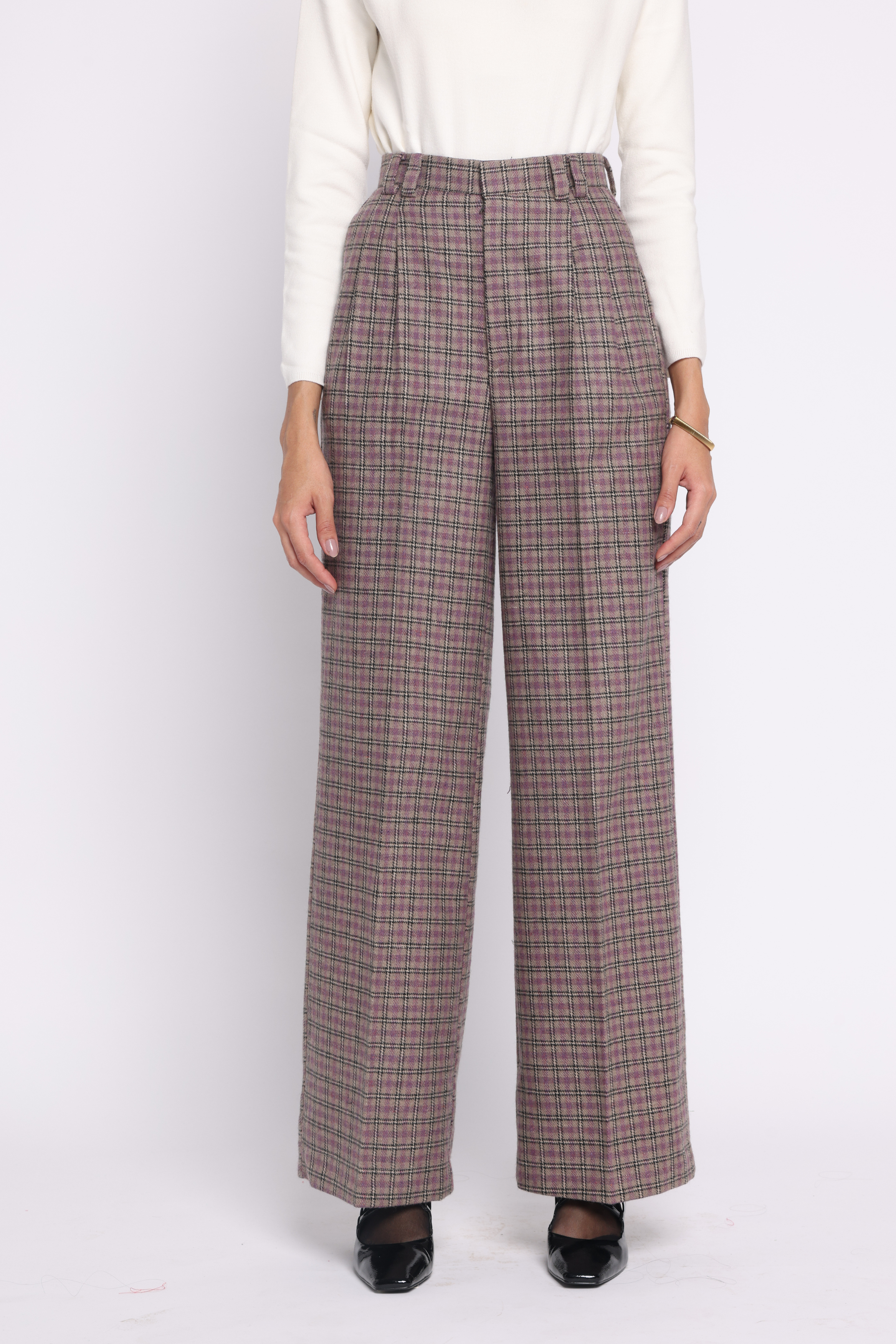 Girth High-Waisted Woolen Pants | Purple Check