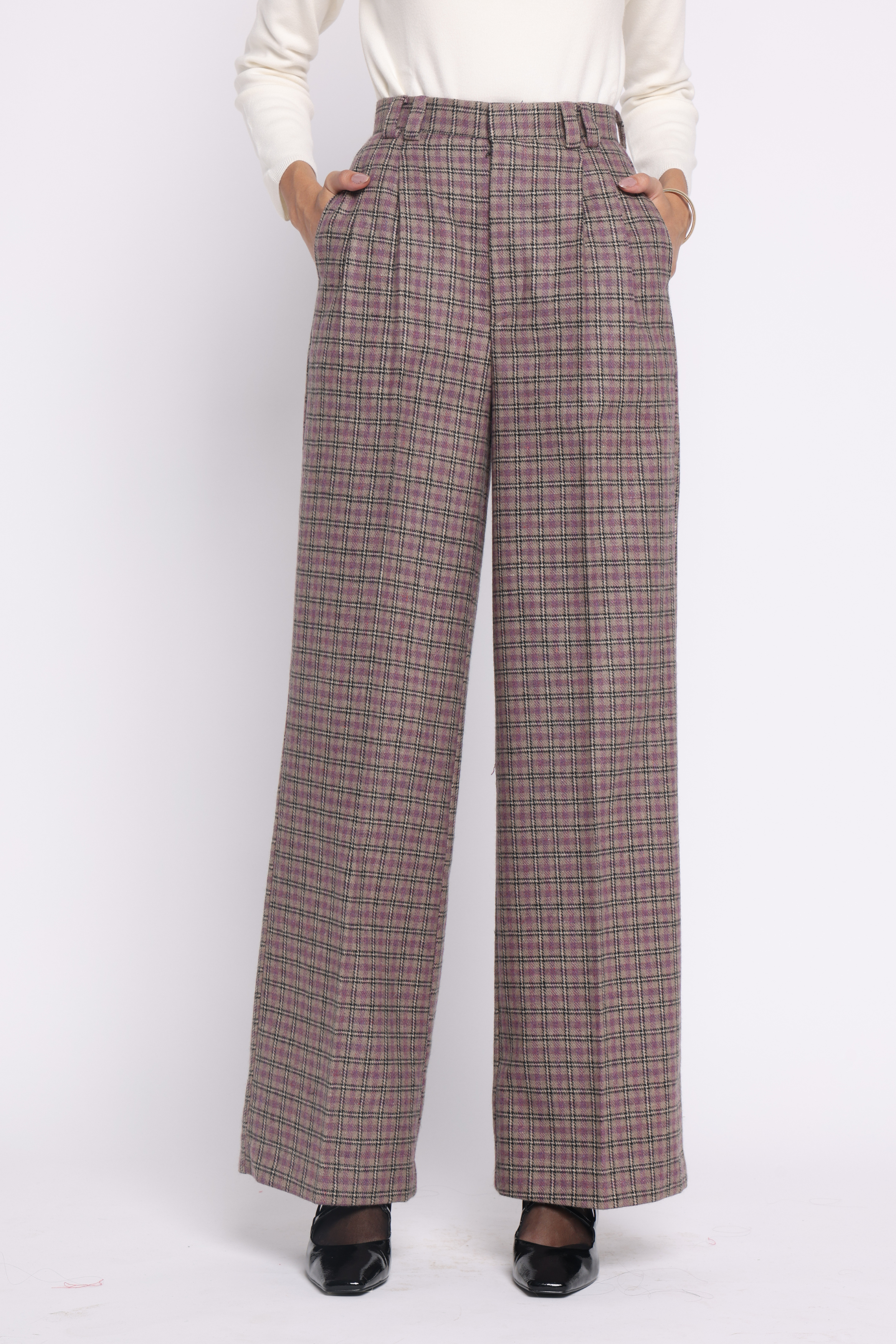 Girth High-Waisted Woolen Pants | Purple Check