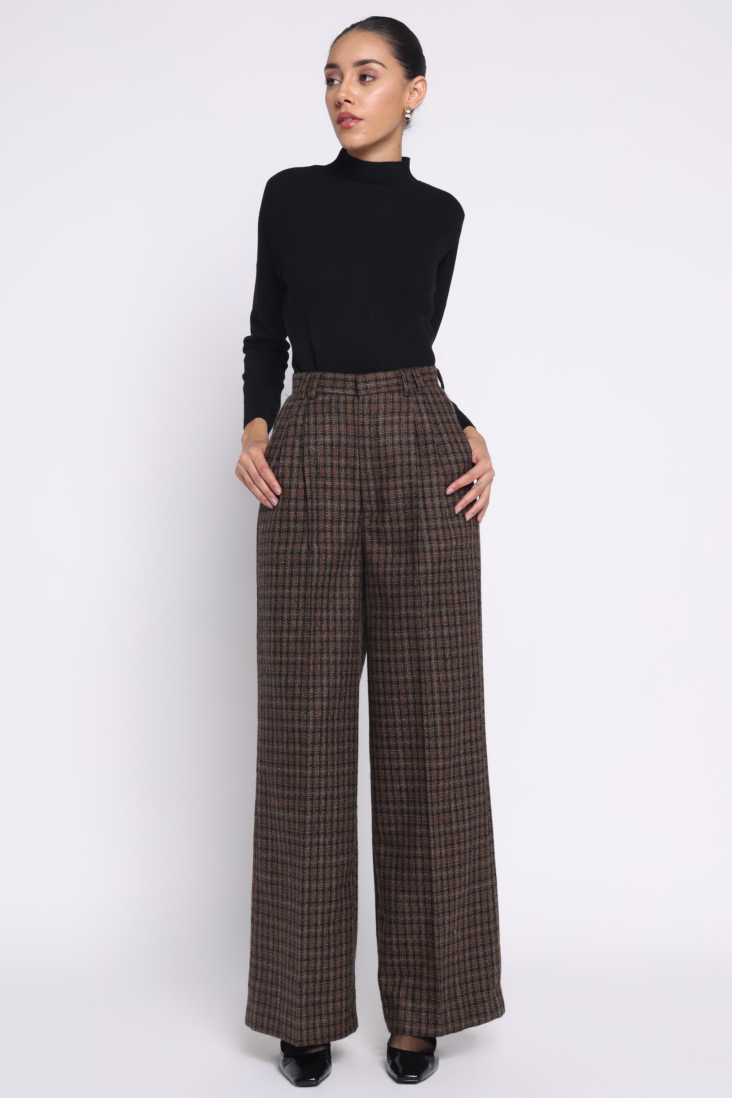 Girth High-Waisted Woolen Pants | Brown Check