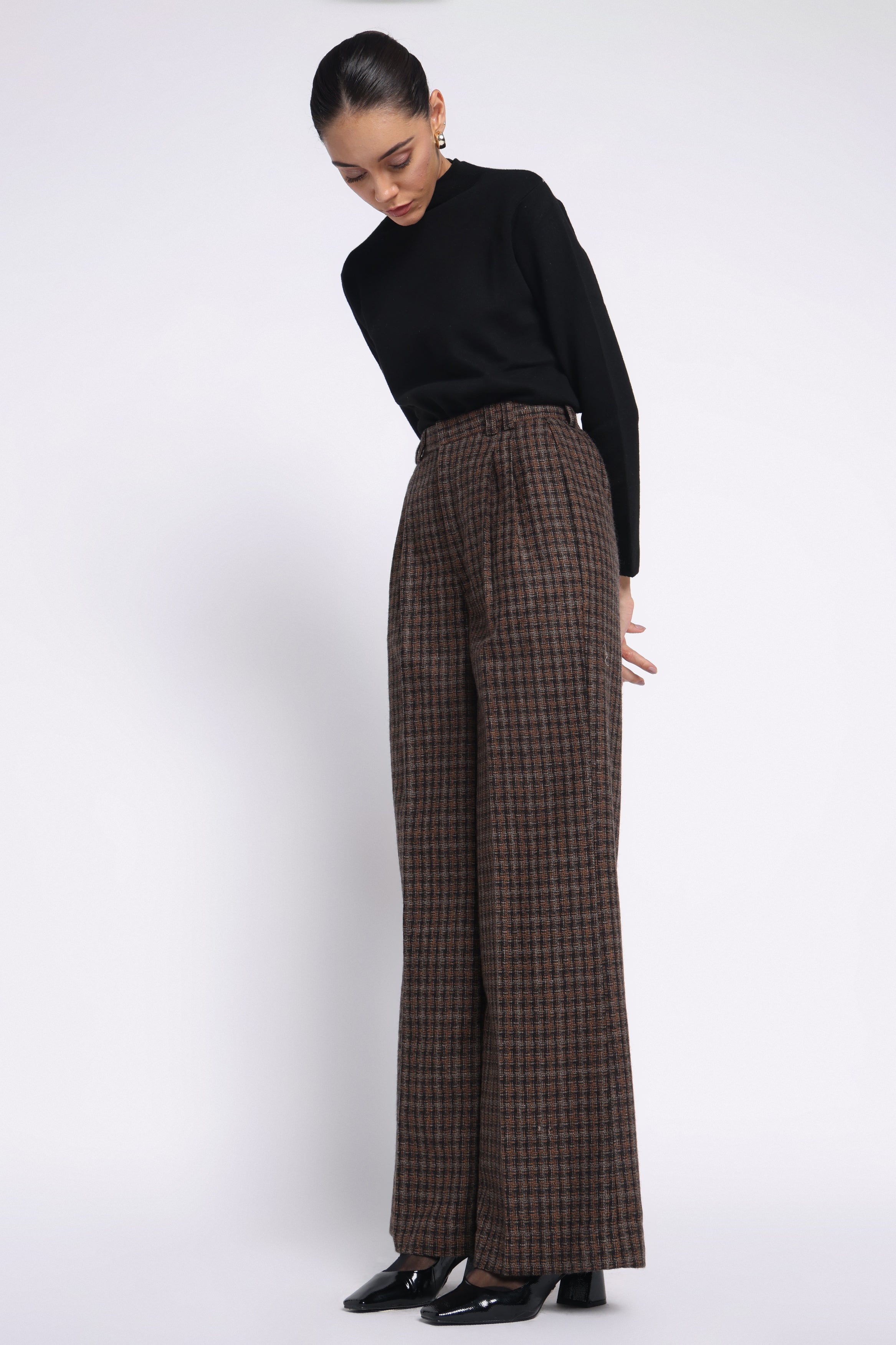 Girth High-Waisted Woolen Pants | Brown Check