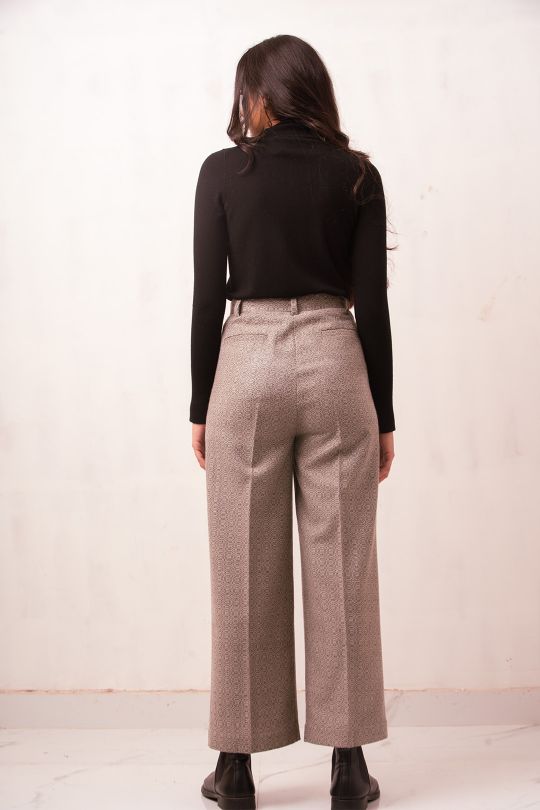 Girth High-Waisted Woolen Trouser | Black & White Pattern